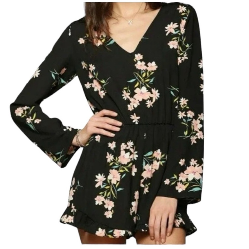 H&M Romper Floral Black Cross Over V-neck Long Sleeves Romper Size 2